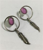 Sterling Silver Pink Stone Leaf Dangle Earrings