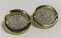 Pair Of Gold Tone Clip Earrings With Clear Stones