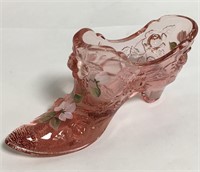 Signed Fenton Hand Painted Pink Glass Boot