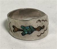 Sterling Silver Ring With Turquoise & Coral Inlay