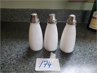 lot of 3 white milk glass shakers