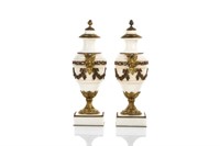 PAIR OF WHITE MARBLE URNS WITH GILT BRONZE MOUNTS