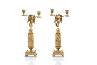 PAIR OF FRENCH EMPIRE BRONZE TWO LIGHT CANDELABRA