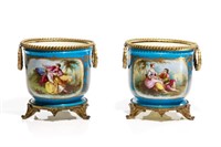 PAIR OF FRENCH TURQUOISE BLUE PORCELAIN CACHEPOTS