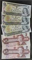 Set of 3 Canadian $1 bills & 2 Canadian $2 bills