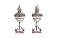 PAIR OF EMPIRE CONTINENTAL SILVER URNS, 1,002g