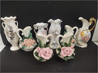 8pc ornate floral vases and pitcher vases