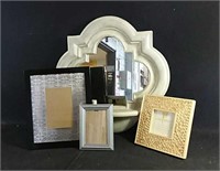 Small wall shelf/mirror and three photo frames