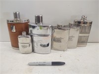 6 vintage flasks 4 are advertising pieces.