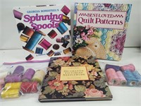 3 quilting and needlework books with thread