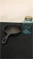 Favorite 5” cast iron pan with blue mason jar
