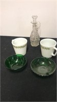 Pyrex coffee cups with 2 green bowls