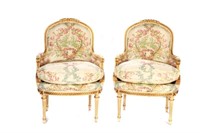 PAIR OF FRENCH CREAM & GILDED ARMCHAIRS