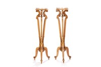 PAIR CARVED WOOD STANDS WITH MARBLE TOPS