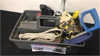 Tote caddy with misc tool glue gun, power strip