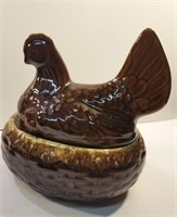 Vintage Brown drip glazed hen on the nest