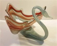 Vintage blown glass swirled green red Swan Bowl