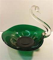 Vintage emerald green blown glass Swan Bowl
