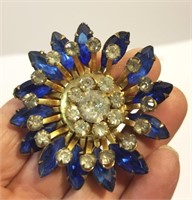 Vintage blue burst rhinestone brooch