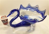 Vintage blue blown glass swan Bowl