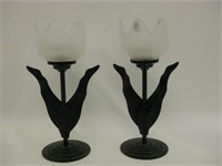 Pair Of Tulip Metal & Glass Tea Light Holders - 7"