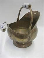 Vtg Brass Coal / Ash Scuttle w/ Porcelain Handles