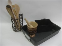 Kitchen Pan, Wood Utensils w/ Holder & More