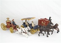 3 Cast Iron Toys Fire Truck, Circus, Carriage