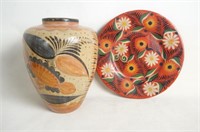 Vintage handpainted Tonala Mexican vase and plate