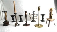 Ten Assorted Brass and Wood carved candle holders