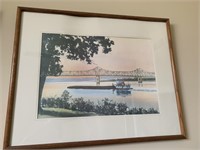 FRAMED PICTURE WITH BRIDGE AND BARGE