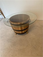 WOOD BARREL BASE WITH GLASS TOP TABLE
