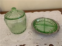 GREEN DEPRESSION BISCUIT JAR AND DIVIDED TRAY
