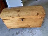 PRIMITIVE WOOD TRUNK ON WHEELS WITH TRAY