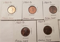 (5) 1960-D Small Date Lincoln Wheat Cents