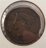 1851 Large Cent, Edge has Damage