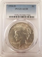 1934-D Peace Silver Dollar, Graded PCGS AU55