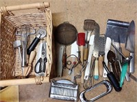 large kitchen utensil lot in basket