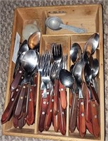 22 piece flatware wooden handles in tray