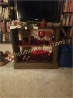 Wood cabinet and all contents. Red glassware and