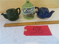 2 tea pots and pottery dish