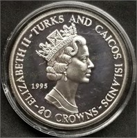1995 Turks and Caicos 1oz .999 Silver 20 Crowns