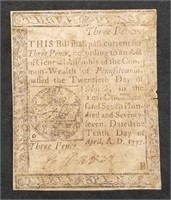 1777 Pennsylvania Colonial Currency 3 Pence Note