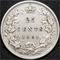 1901 Canada 25 Cents Silver Quarter, Nice