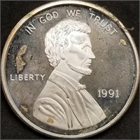 1 Troy Oz .999 Silver Round - 1991 Lincoln Penny