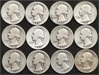 Twelve 1940s Silver Washington Quarters