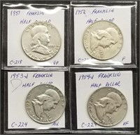 4 Earlier Franklin Silver Half Dollars 1951-1954