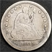 1861 Seated Liberty Silver Quarter, Scarce Date