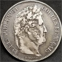 1843 France 5 Francs Silver Crown