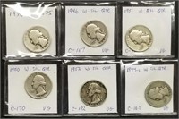 6 Washington Silver Quarters 1936-1952